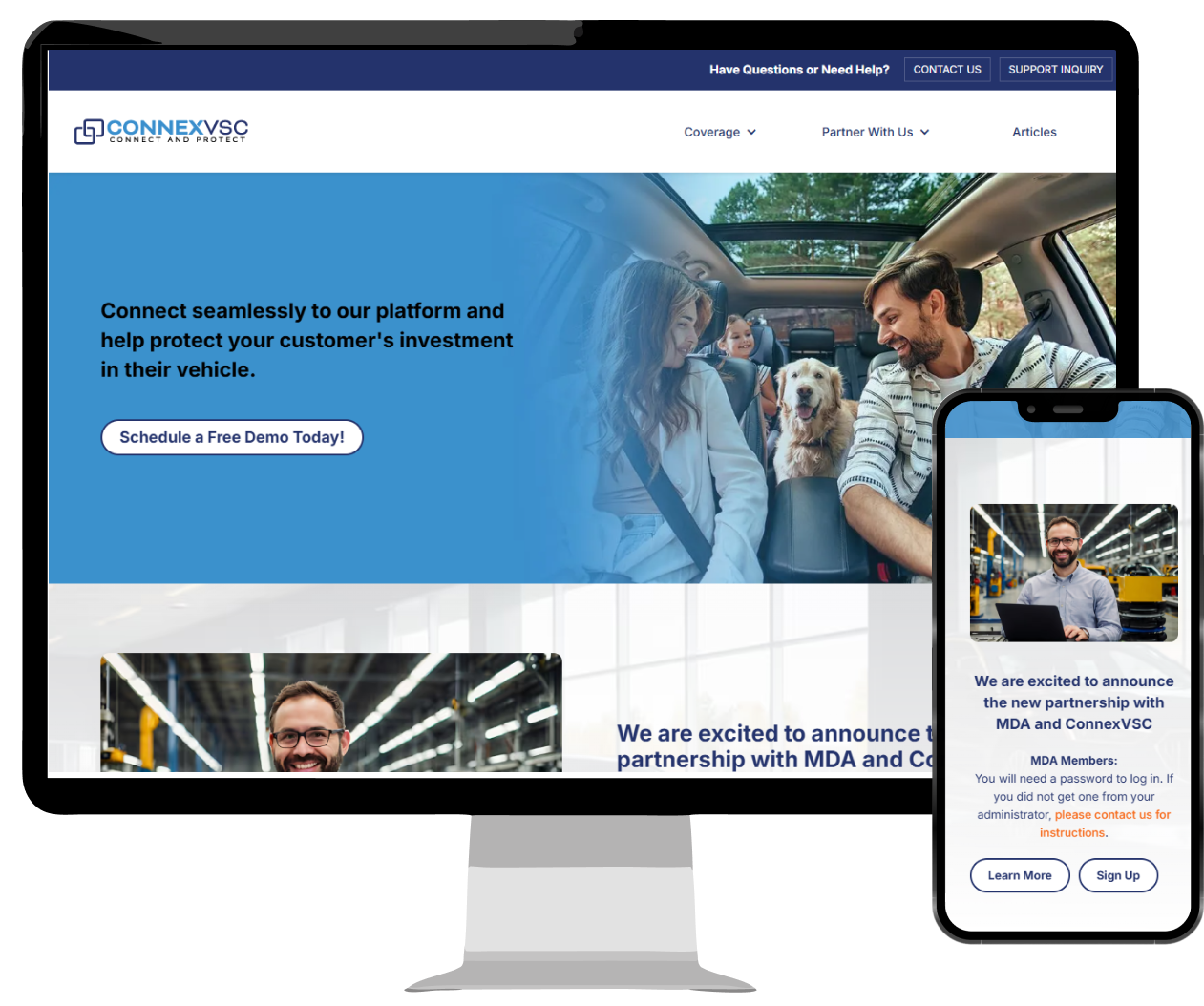 Website and mobile view of ConnexVSC platform homepage showing a family with a dog inside a car and an announcement about partnership with MDA and ConnexVSC featuring a man with a laptop in a factory setting.