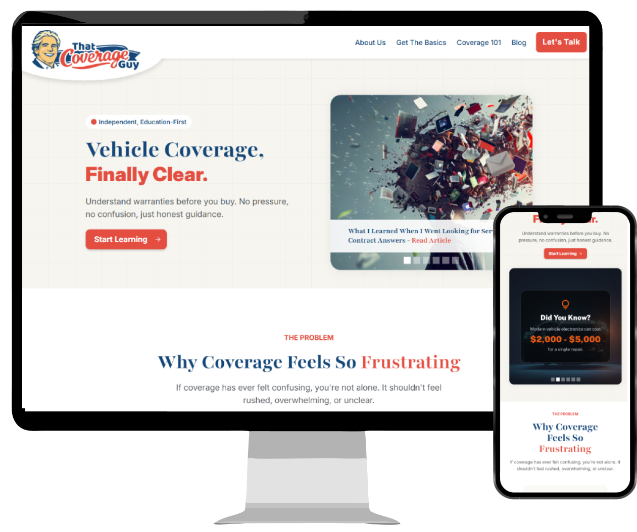 Desktop and mobile screens showing That Coverage Guy website homepage with headline 'Vehicle Coverage, Finally Clear.' and call-to-action button 'Start Learning'.