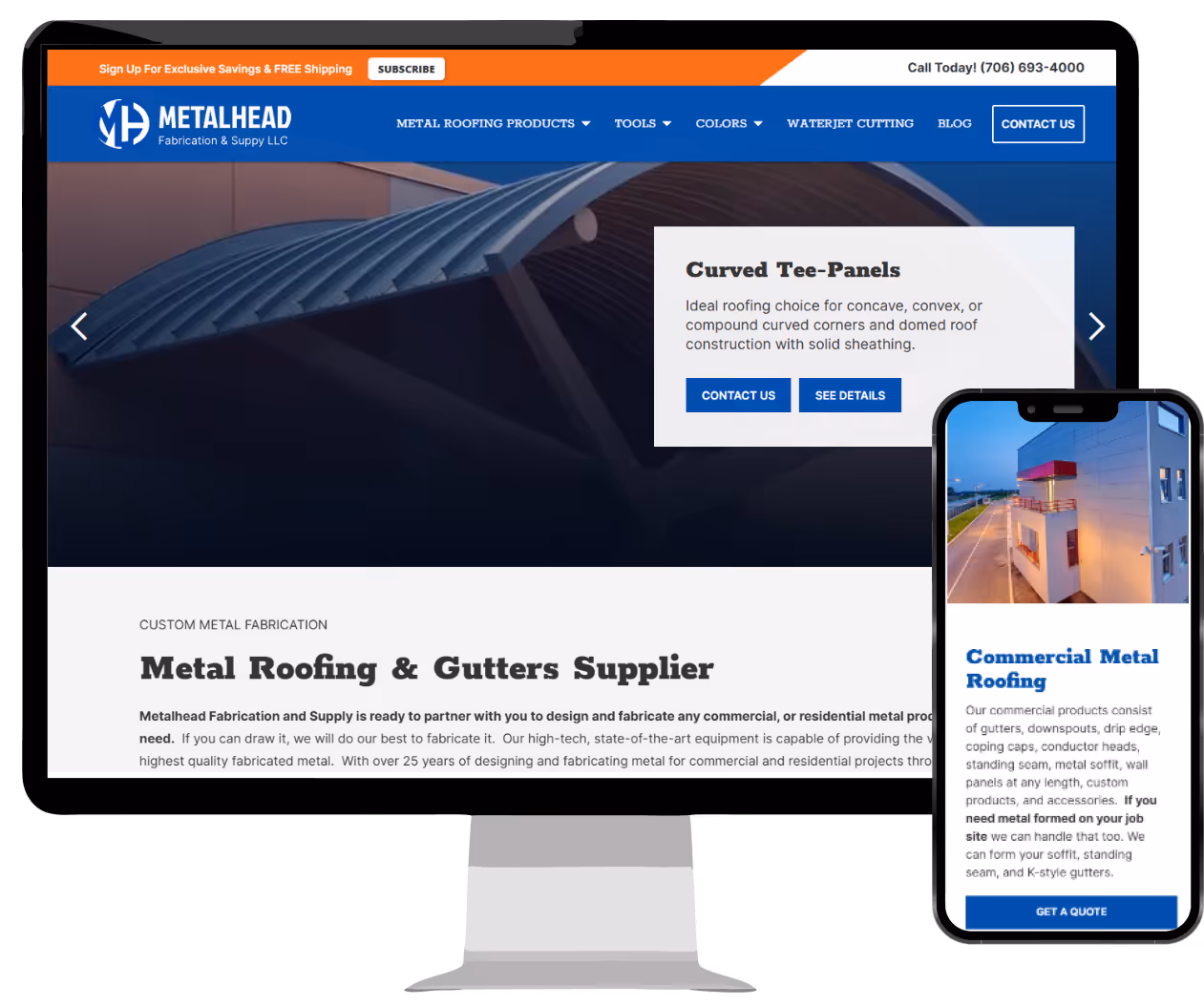 Metalhead Fabrication website showing metal roofing products with curved tee-panels and commercial metal roofing details on desktop and mobile screens.